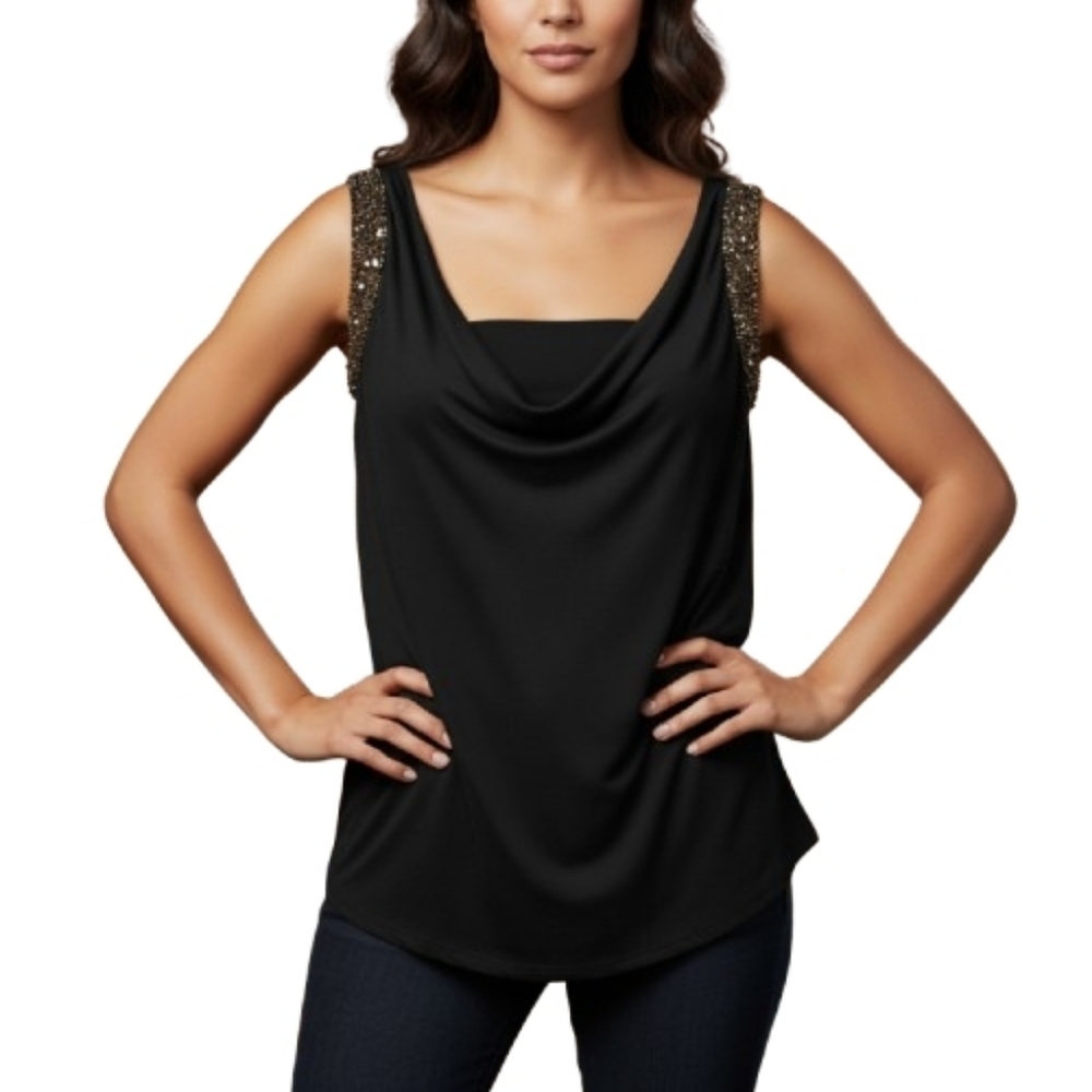 Windsor Black Sleeveless Top Embellished Cowl Neck‎ Party Casual